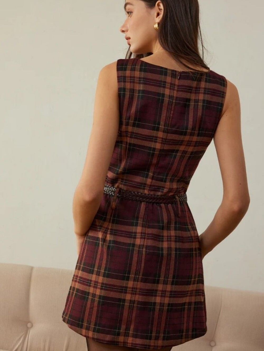 NWT Commense Checkered Pleated Tank Dress Without Belt Small Plaid Mini Red Tan - Picture 4 of 11